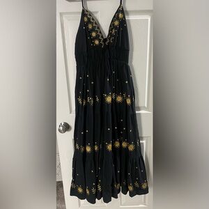 SHEIN Black Maxi Dress with Yellow Sun Embroidery